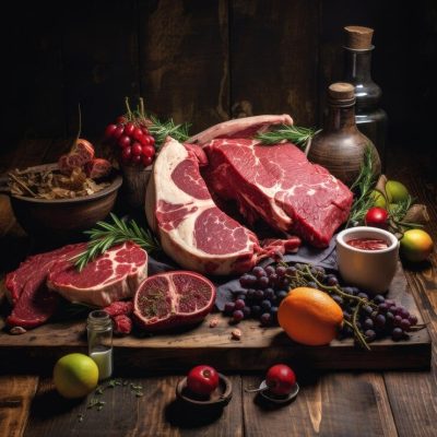 imgi_54_savory-symphony-gourmet-delight-raisins-red-meat-served-organic-wooden-table_1000124-242199